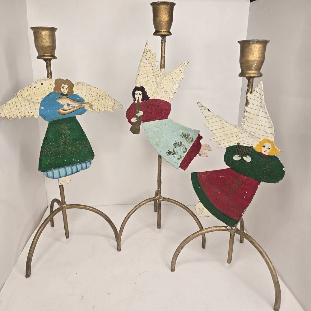 VTG Set Of 3 Folk Art Metal Musical Angel Candlestick Holders Christmas
